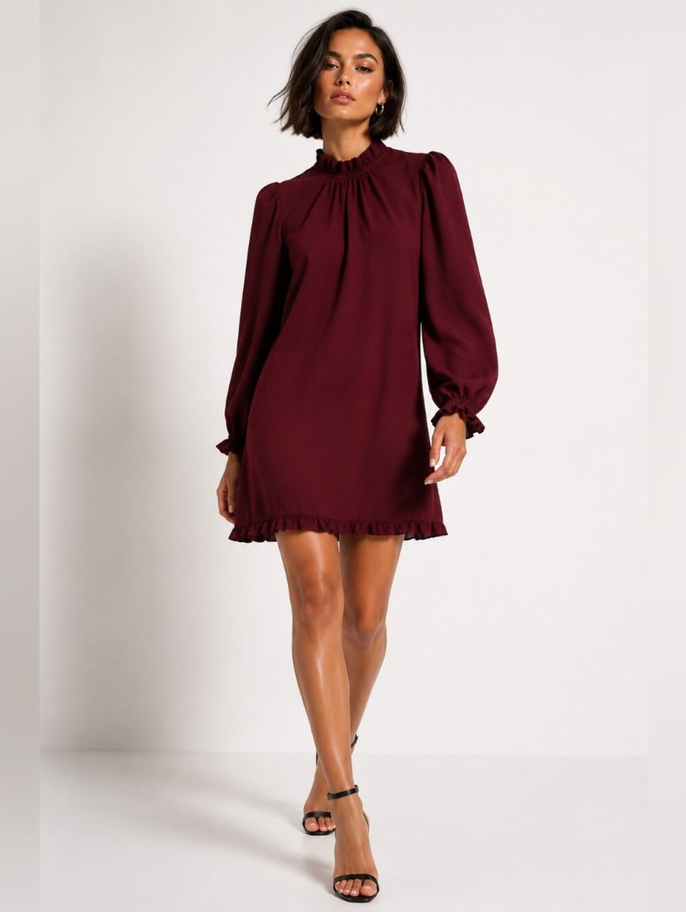 J.Crew Burgundy Ruffle Neck Long Sleeve Shift Dress Size 4